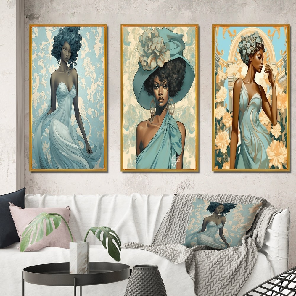 Designart "Gorgeous African American Retro Glam Beauty VII" African American Woman Framed Wall Art Set Of 3 Home Decor