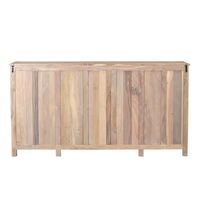 HomeRoots 74" Natural Distressed Solid Wood Carved Floral Sideboard with Four Doors - 74.00 in. x 38.00 in. x 18.00 in.