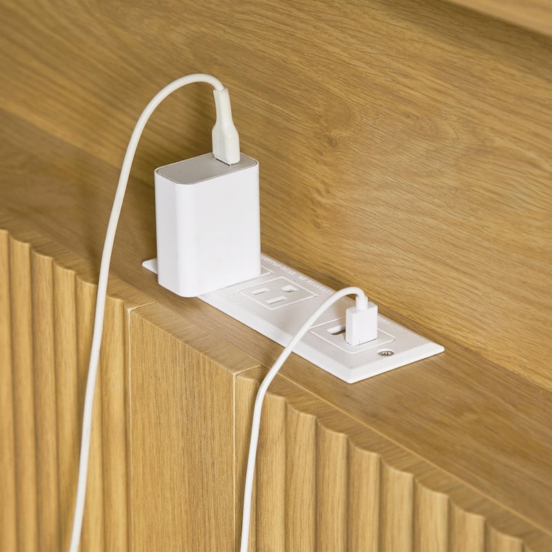 Full XL Bed Frame with Storage Headboard, Charging Station, Wavy Design, Silent Operation, Metal Support, Natural