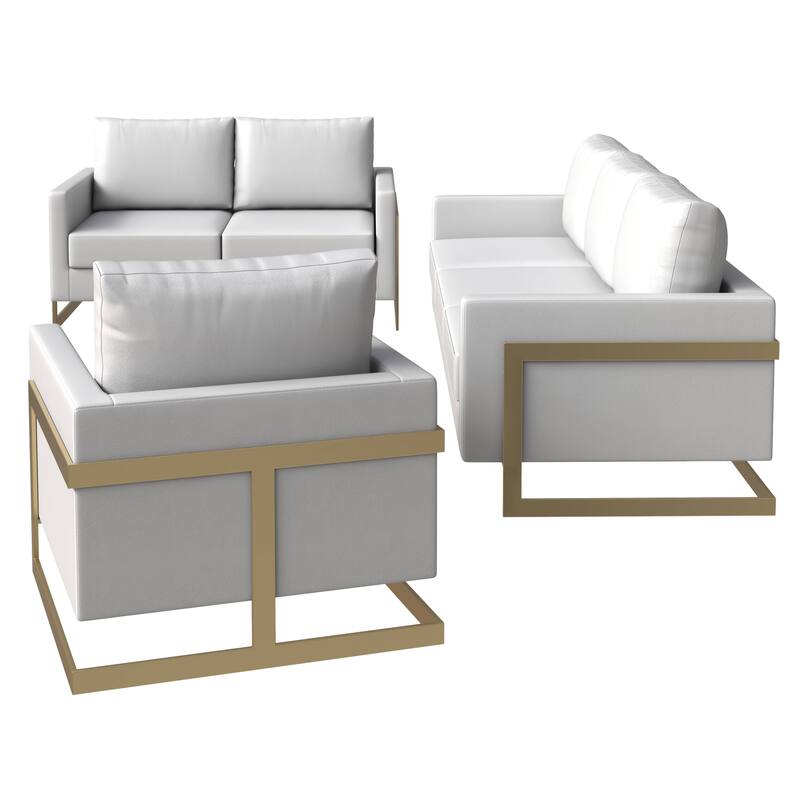 3-Piece Leather Sofa Set with Gold Stainless Steel Base and Removable Cushions