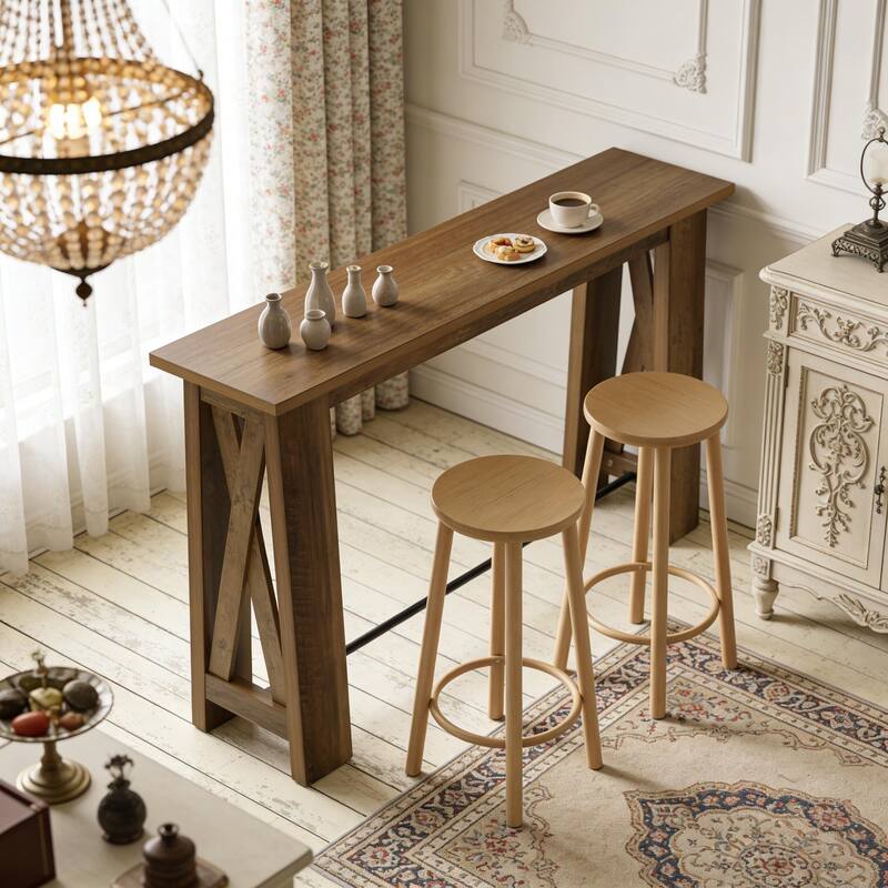 63" Counter Height Console Table, Farmhouse Entryway Table with Metal Footrest, Rectangular Narrow Kitchen Dining Table