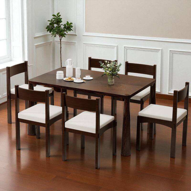 7-Piece Retro Farmhouse Dining Table Set, 59.8" Wood Table with 6 Upholstered Chairs for Dining Room or Kitchen - Espresso