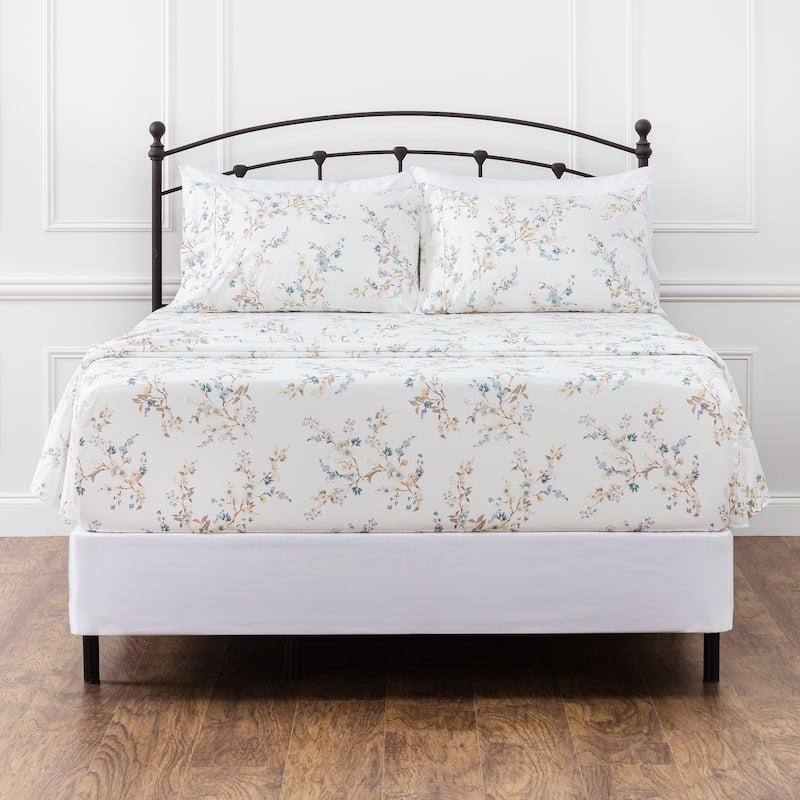 Chanasya Traditional Blue Floral Print Ultra Soft Microfiber Sheet Set
