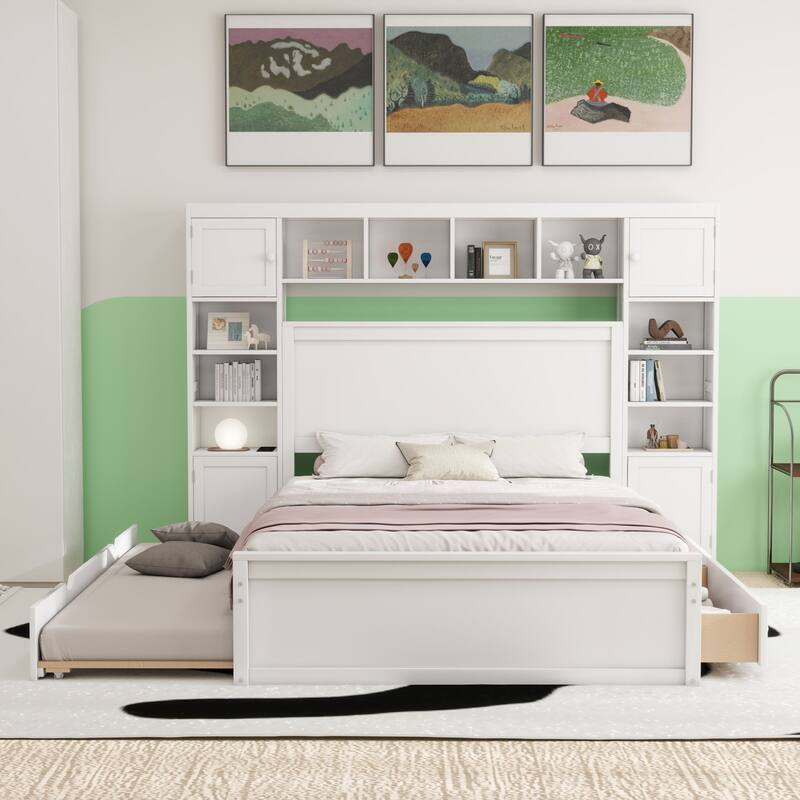 Modern Platform Bed with Integrated Cabinet and Drawers