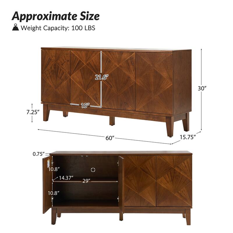 Ofelia Mid-century 60" Wide Geometric Patterned Sideboard with Adjustable Shelves by HULALA HOME
