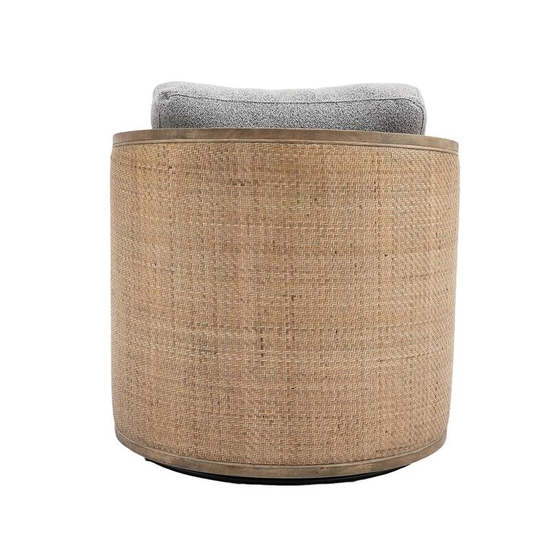 Boucle Upholstered Swivel Barrel Chair, Comfy Round Accent Sofa Chair, High Back Club Chair with Rattan Armrests