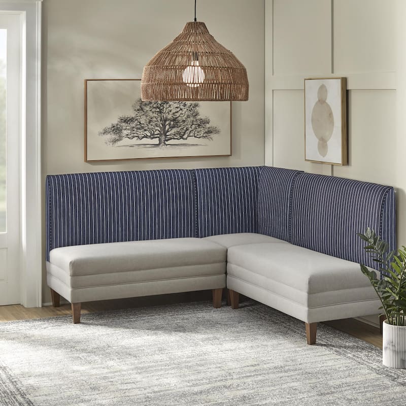 Lifestorey Phillips 3-Piece Upholstered Banquette Set - Set of 3 - Off-White/Dark Blue Stripe