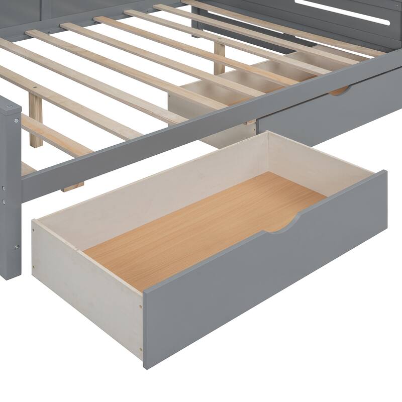 Full Size Storage Daybed with Dual Drawers, Built-in Cabinet & Shelving Unit, Solid Wood Frame