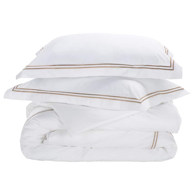 SAFAVIEH Home Hotel Collection 2-Line Embroidered 300Tc Percale 3-piece Duvet Cover Set - Golden Taupe/White - Queen