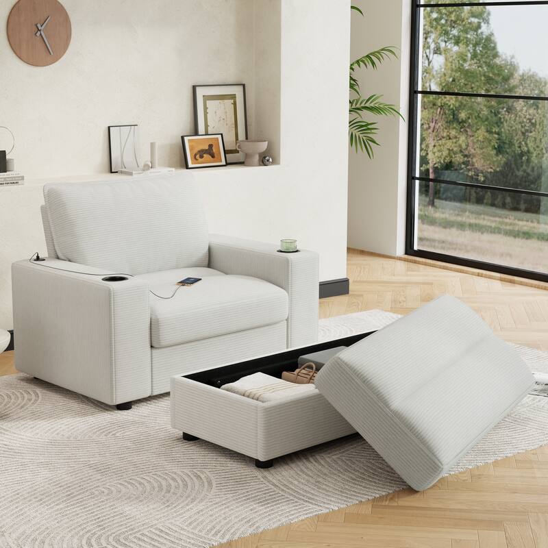 Christopher Knight Home - LuxeComfort Grey Oversized Corduroy Upholstered Chaise Lounge Chair with Storage Ottoman.
