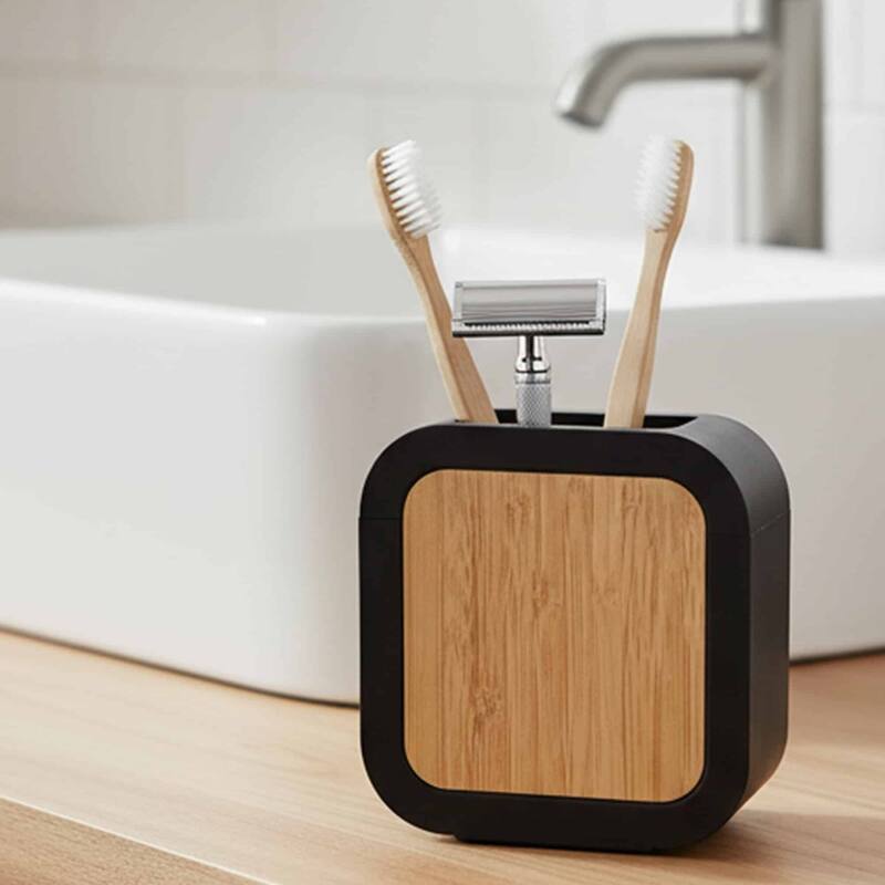 Modern Toothbrush Holder Rubber and Wood - 4.3 L x 2 W x 4.4 H