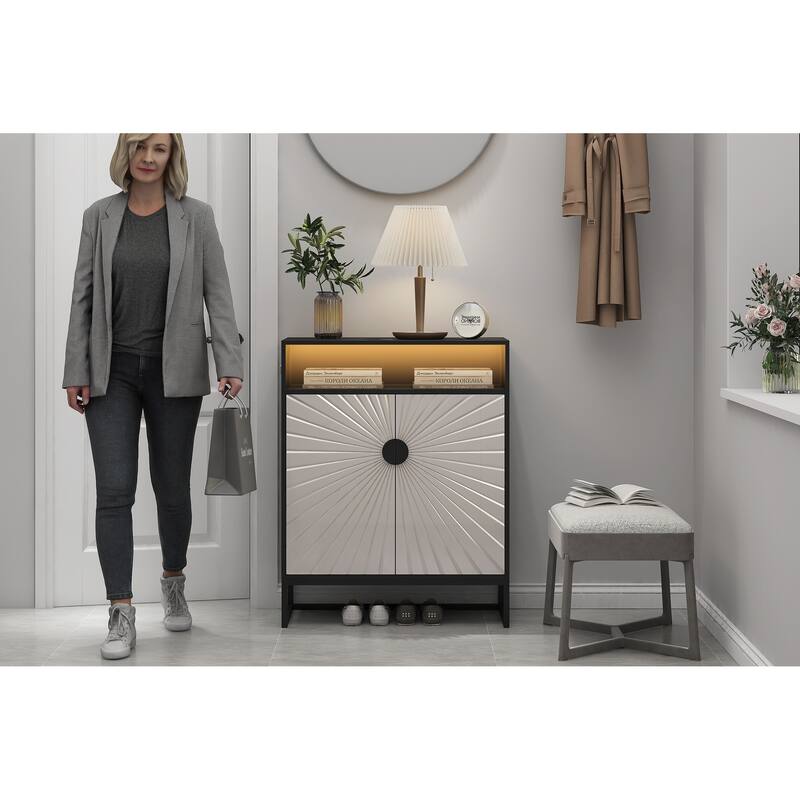 GDFStudio - Liora 5-Tier Shoe Cabinet with Doors and Motion Sensor Light, Adjustable Shelves, Wooden Storage
