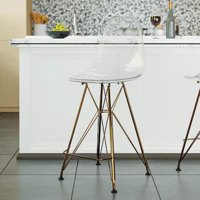 Cresco Acrylic Bar Stool with Gold Chrome Steel Base and Footrest - Counter Height Chair for Kitchen or Dining Area Set of 2