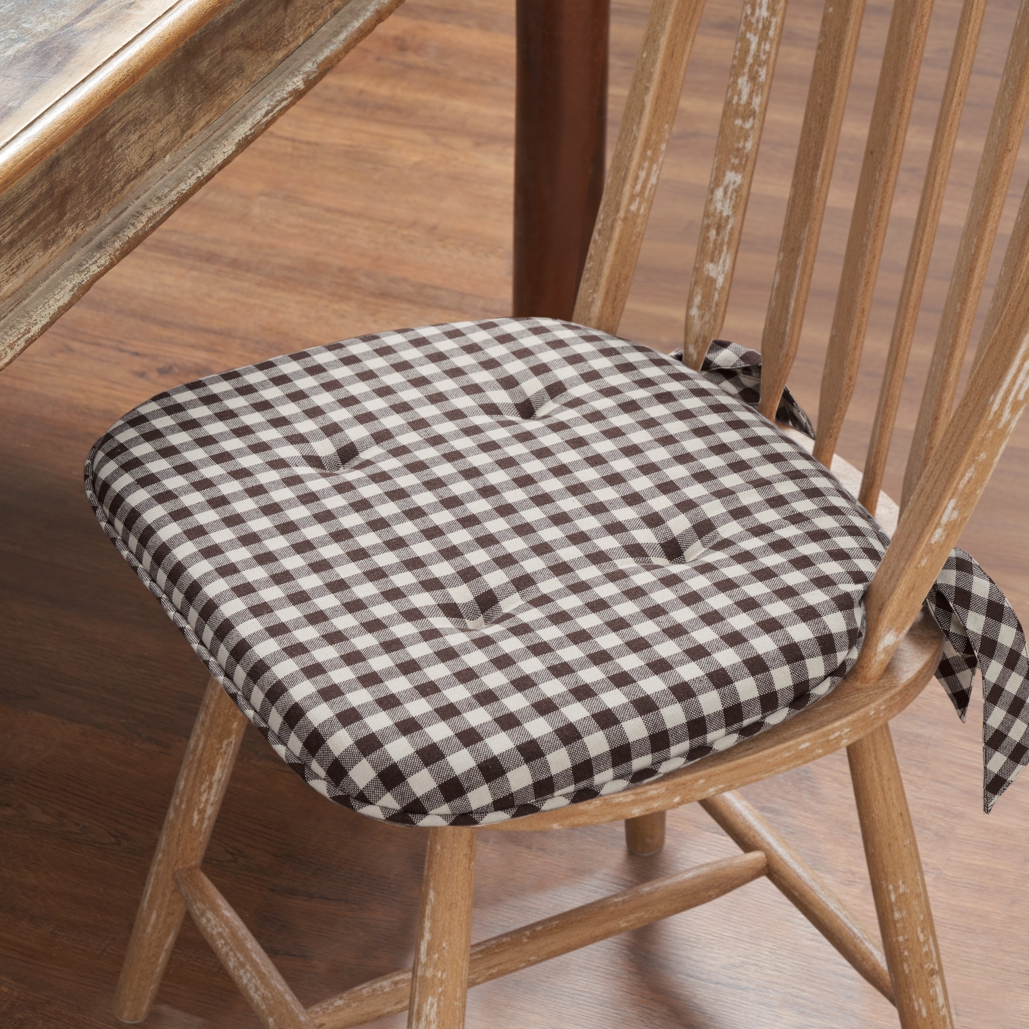 Coffee Brown Gingham Chair Pad with Ties
