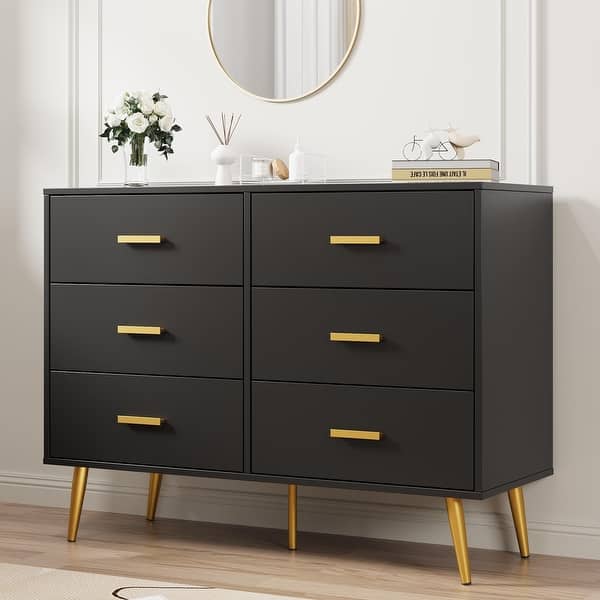 wood and gold dresser 6 Drawer Dresser with Storage Space, Modern Wooden Dresser with Gold Handles
