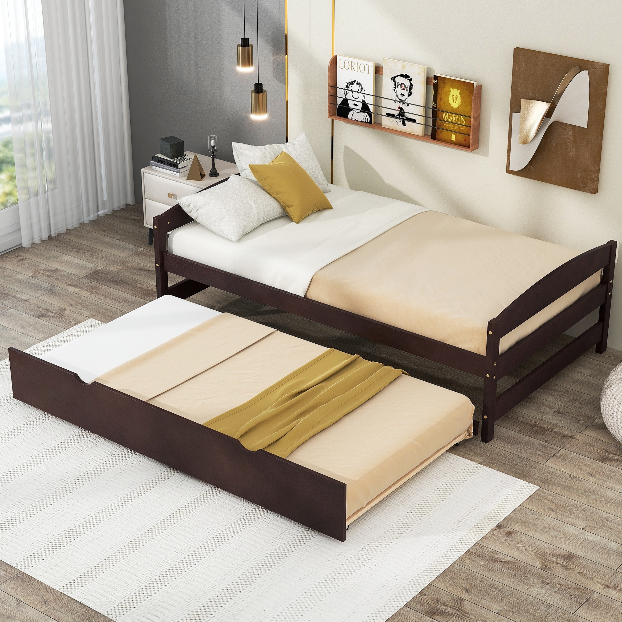 Wooden Platform Bed with Trundle
