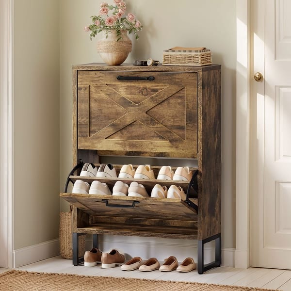 slide 2 of 20, Moasis Shoe Storage Cabinet with 2 Flip Drawers Narrow Shoes Rack Organizer