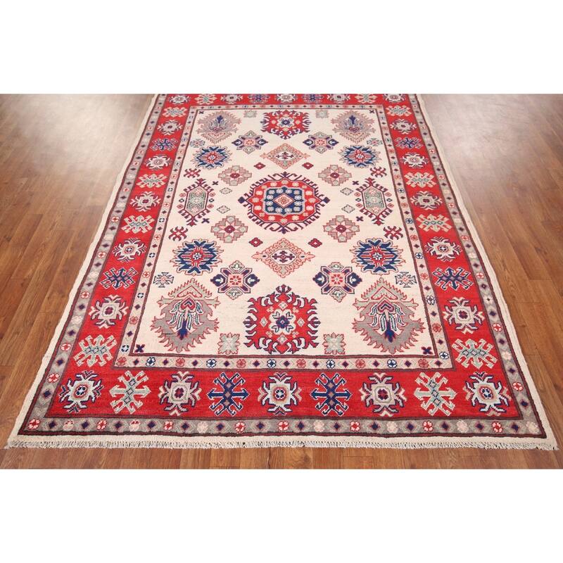 Geometric Kazak Area Rug Hand-Knotted Bedroom Beige Wool Carpet - 5'2" x 6'7"