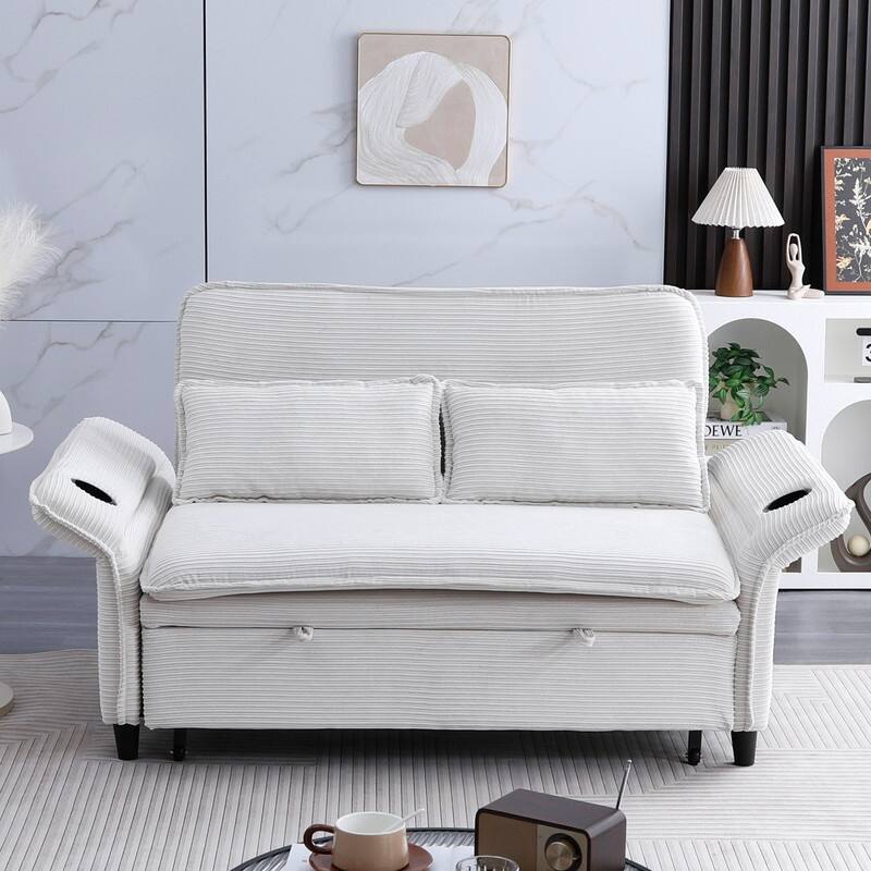 65.7" Corduroy Upholstered Pull-out Sofa With Cup Holder