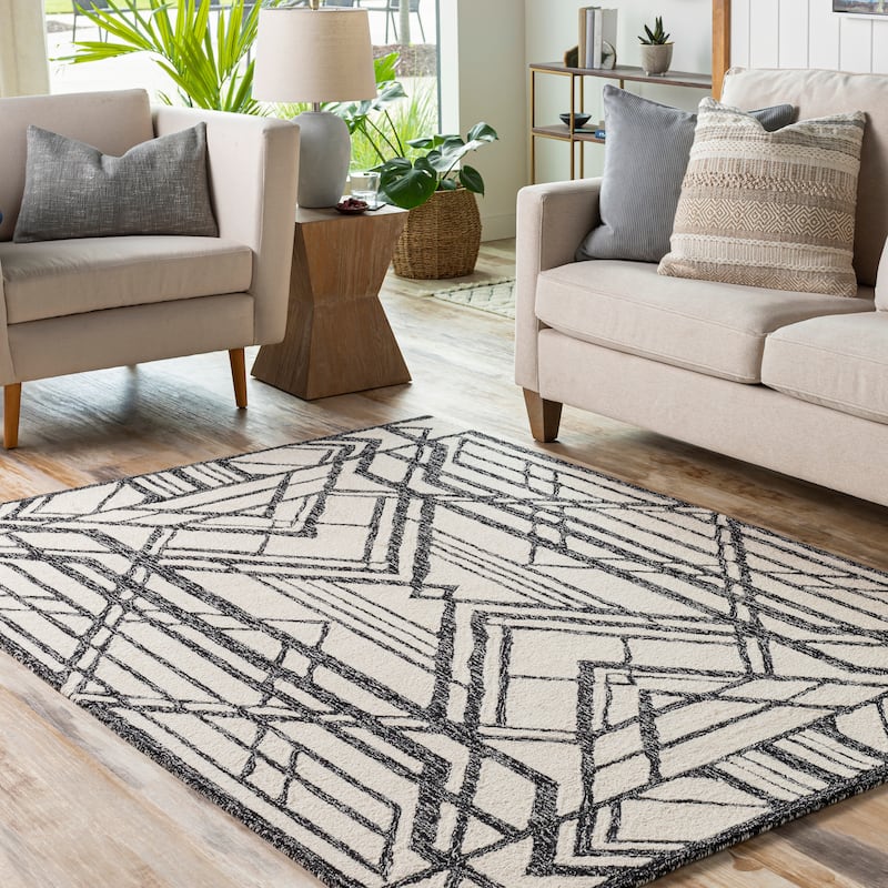 Livabliss Fitzgerald Modern Deco Wool Area Rug - Black/Cream - 5' x 7' 6"