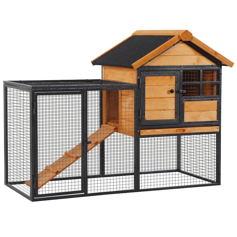 PawHut 2-Level Rabbit Hutch with Openable Hinged Asphalt Roof, Removable Tray for Backyard