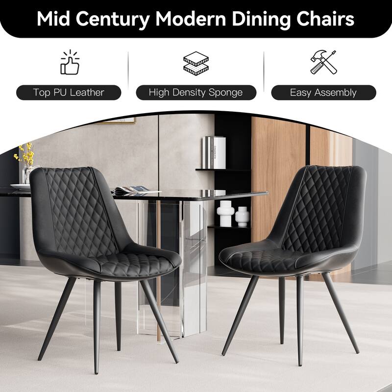 ​2-Pack Black PU Leather Dining Chairs - Diamond Stitch Ergonomic Design w/Iron Frame