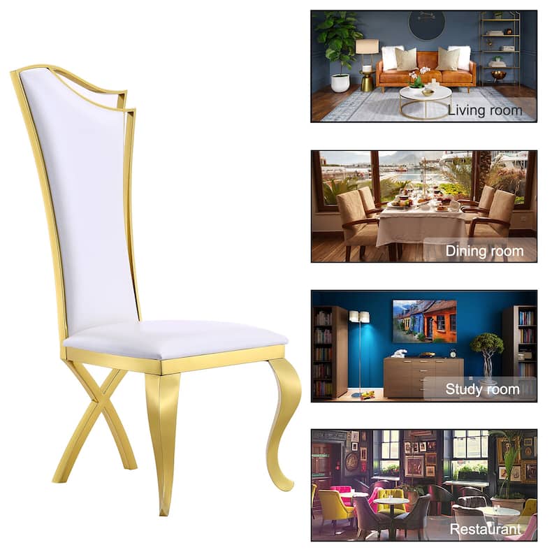 White Tufted Dining Chairs with PU Leather Upholstered and Polished Gold Legs
