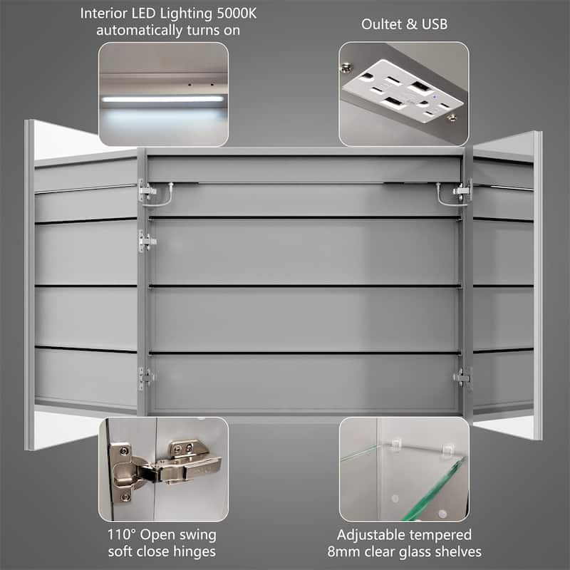 ExBrite 36" W x 30" H Led Lighted Medicine Cabinet Recessed or Surface with Clock - 36" x 30"