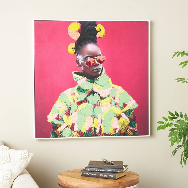 Pink Canvas Chic Woman Living Room Framed Wall Art with Green and Yellow Dresswear