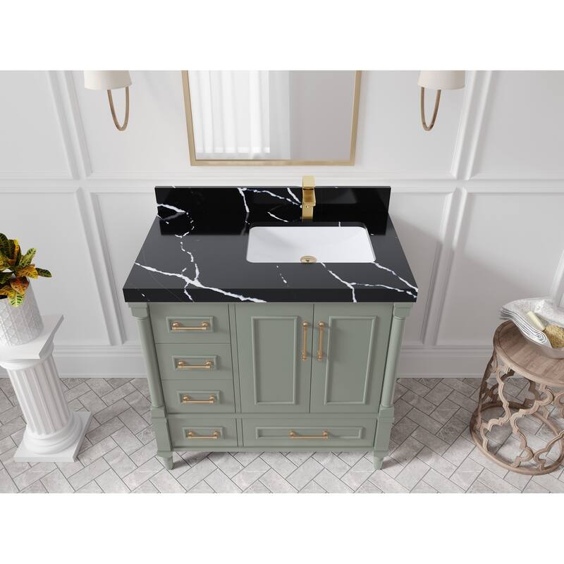 Willow Collections 36 in. W x 22 in. D Aberdeen Right Offset Sink Bathroom Vanity with Countertop - 2" Calacatta Black - Evergreen