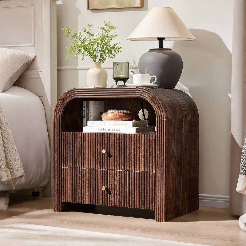 Modern Fluted Nightstand with Charging Station, Arched End Table - Dark Walnut