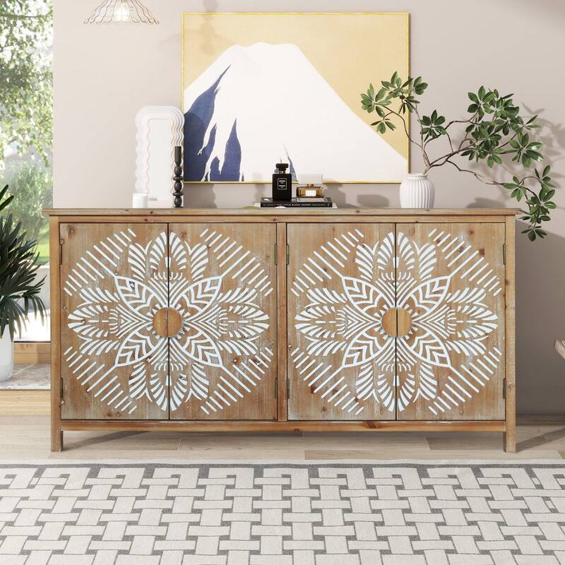 60" Wood Accent Cabinet with 4 Doors,Modern Buffet and Media Storage for Home or Office - Natural
