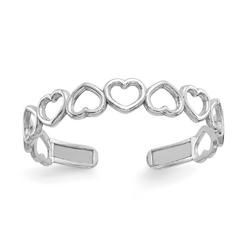 Curata Solid 10K Yellow or White Gold 3mm Alternating Hearts Adjustable Toe Ring - White