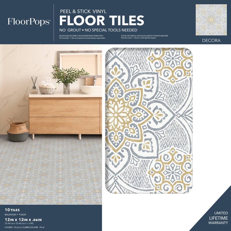 FloorPops Decora Blue Peel and Stick Floor Tiles