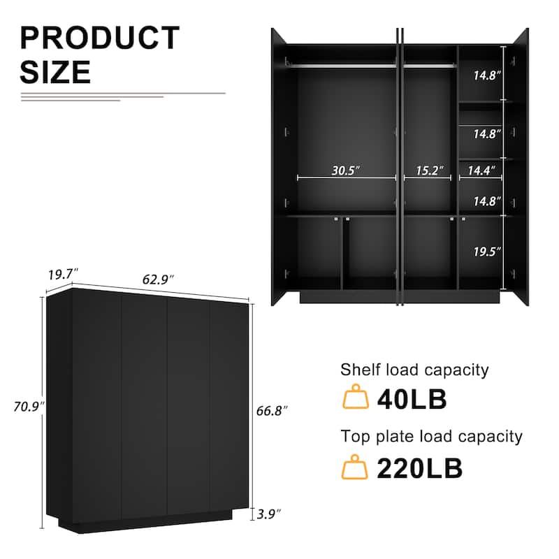 63"W Family 4-Door Wardrobe Armoire Closet Storage LED Light High Gloss - N/A