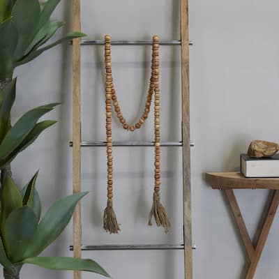 Brown Mango Wood Handmade Round Long Carved Beaded Beaded Garland with Tassel