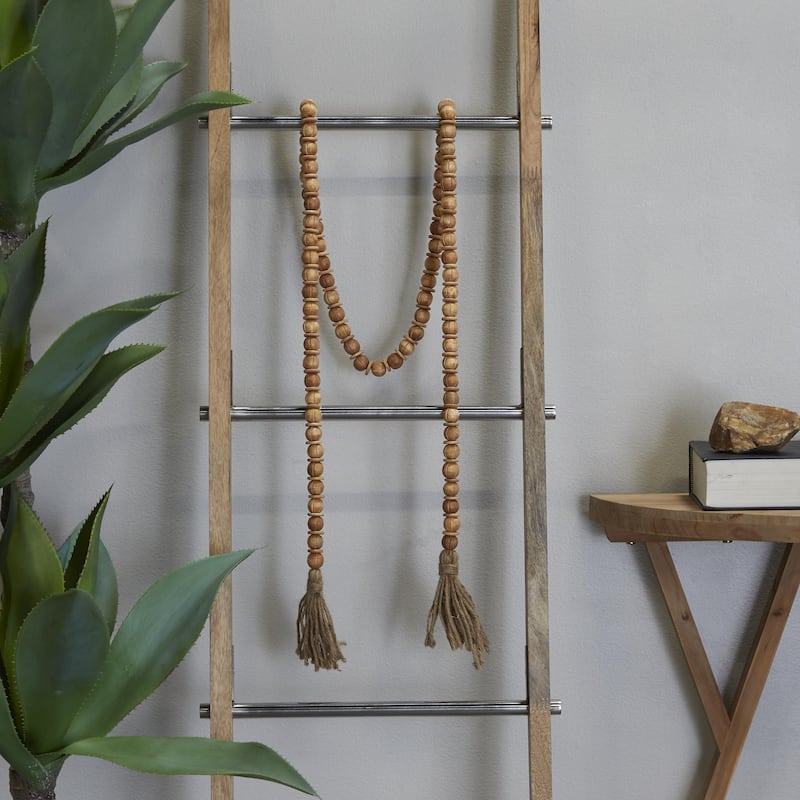 Mango Wood Handmade Round Long Carved Beaded Garland with Tassel - Brown - Roche River Decor