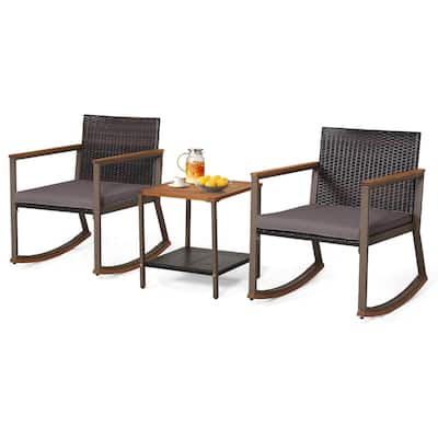 Gymax 3PCS Rattan Rocking Chair Bistro Set Armrest Cushion Table W/
