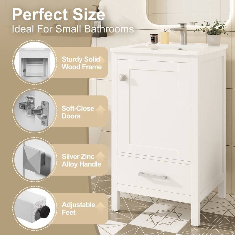 Roomfitters 20" Modern Bathroom Vanity with Ceramic Sink, Soft-Close Drawer and Door, Divider Drawer, Storage Rack