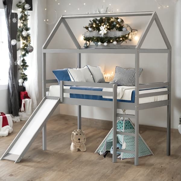 slide 2 of 10, Imagination House Twin Size Loft Bed with Slide, Health and Comfort, Sturdy construction & Unique Design, Maximized Space, White Grey