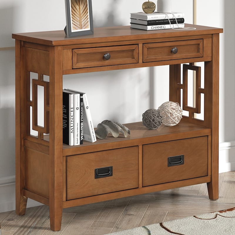 36'' Farmhouse Pine Wood Console Table Entry Sofa Table with 4 Drawers & 1 Storage Shelf for Entryway Living Room Bedroom - Brown