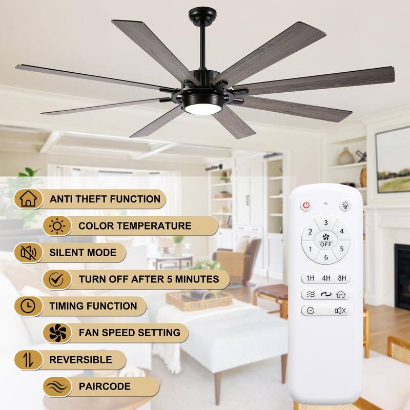 Cusp Barn 72" Outdoor Indoor Modern Black Large Ceiling Fan with Lights, Farmhouse 6 Speeds DC Motor Reversible Ceiling Fan