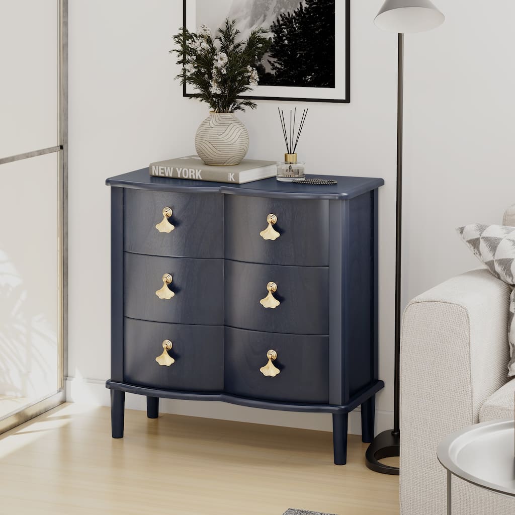 COZAYH Dark Blue 3-Drawer Dresser with Gold Leaf Handles, Vintage Curved Front