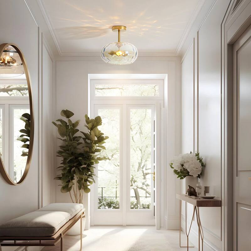 11.8" 2-Light Luxury Gold Semi-Flush Mount Ceiling Light with Hammered Glass Shade for Hallway, Bedroom
