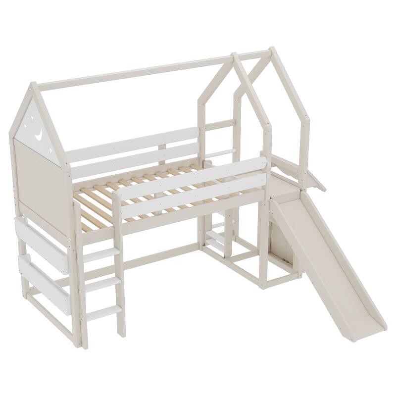 Roomfitters House Loft Bed with Slide and Bookshelf, Star Moon Roof Design