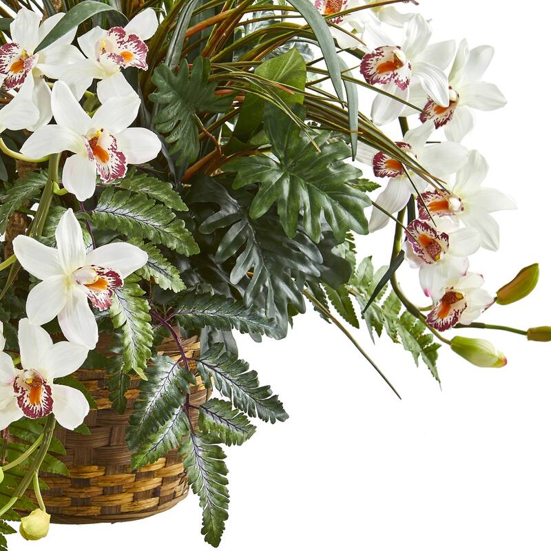 Artificial Hanging Orchid Basket - 29" Indoor Tropical Decor - Lush Greenery & White Blooms - Home Accent Plant