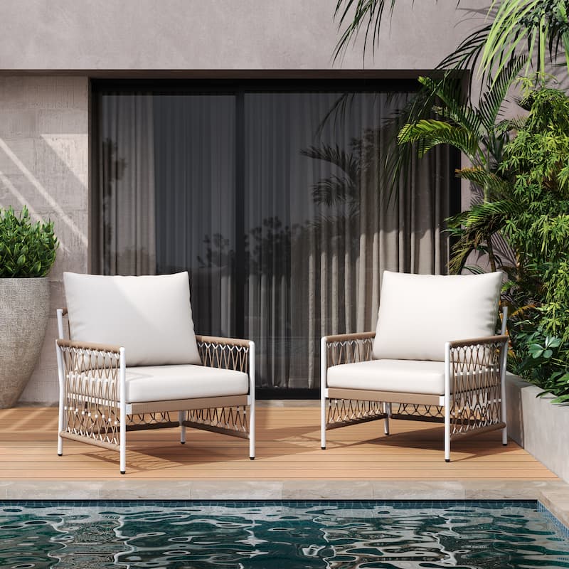 [Set of 2] Bohemian Outdoor Lounge Chair with Handwoven Rope & Powder-Coated Steel Frame, Waterproof Cushions