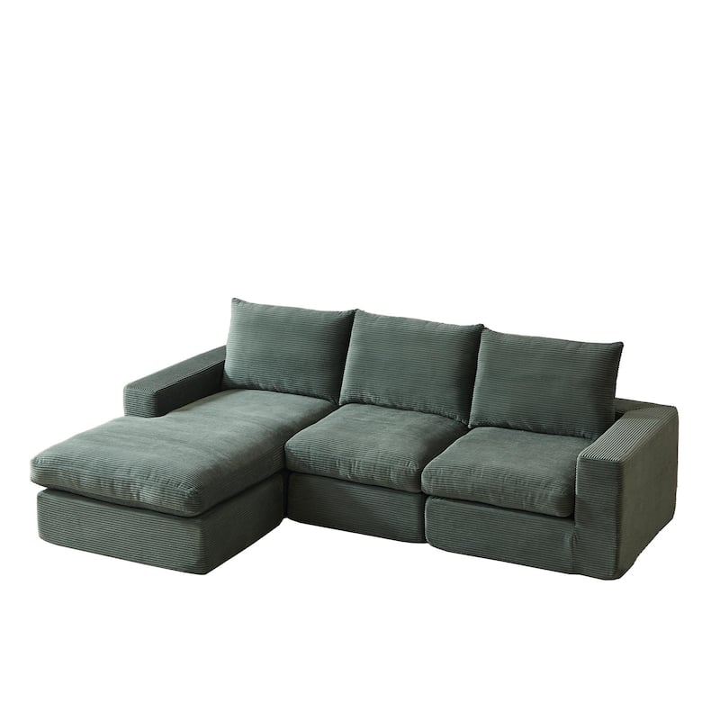 Roomfitters 99" L-Shaped Corduroy Upholstered Sectional Sofa, Modern 3-Seater Sectional Couch with Pillows, Living Room, Green