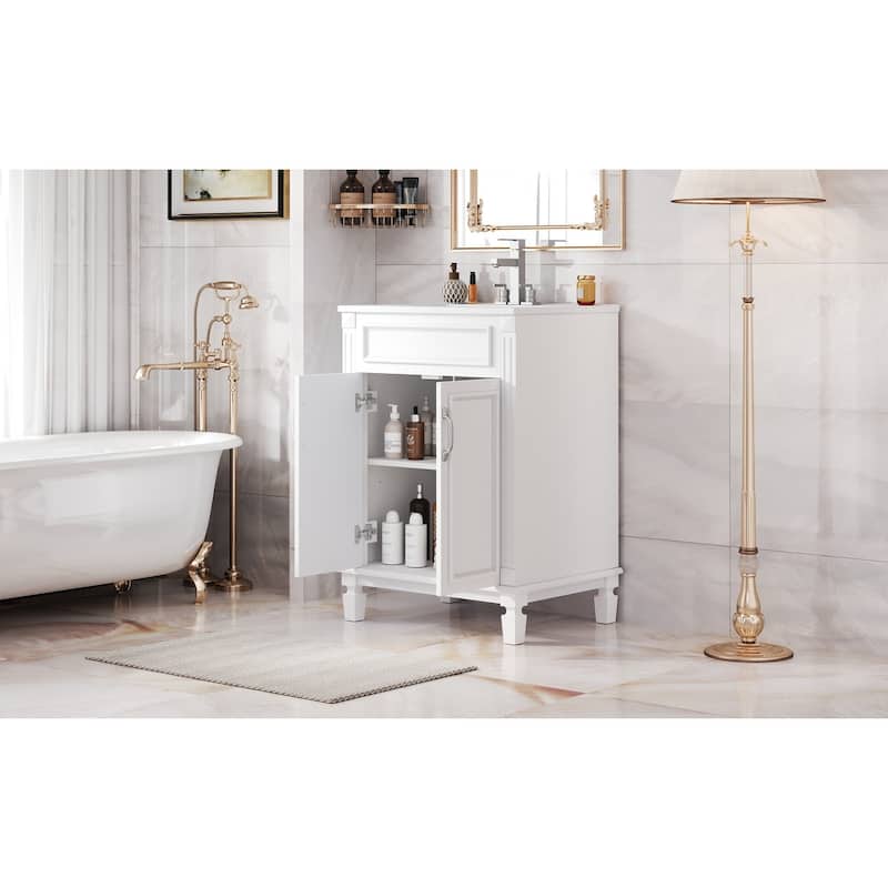 Bathroom Vanity with Sink, Solid Wood Bathroom Storage Cabinet, Bathroom Cabinet with 2 Soft-Closing Doors & Adjustable Shelf