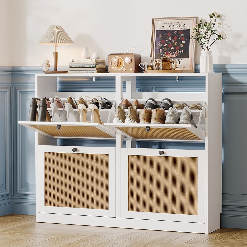 Anmytek 24 Pairs Large White Rattan Shoe Storage Cabinet with 4 Flip Drawers Narrow Shoe Storage Organizer for Entryway